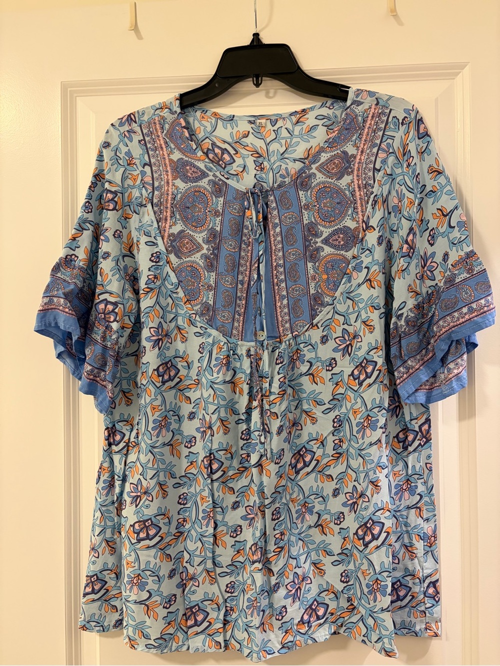 Light Blue Floral Tie-Front Women’s Blouse